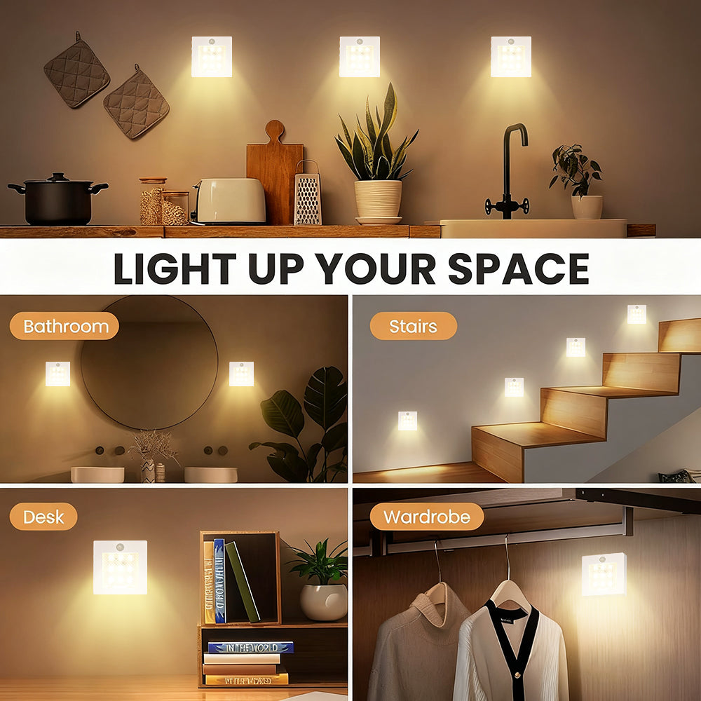 4 Pack Motion Sensor Night Light, Warm White Rechargeable Stair Lights Indoor, Battery Operated Night Light for Hallway, Stairway, Bathroom, Bedroom, Kitchen