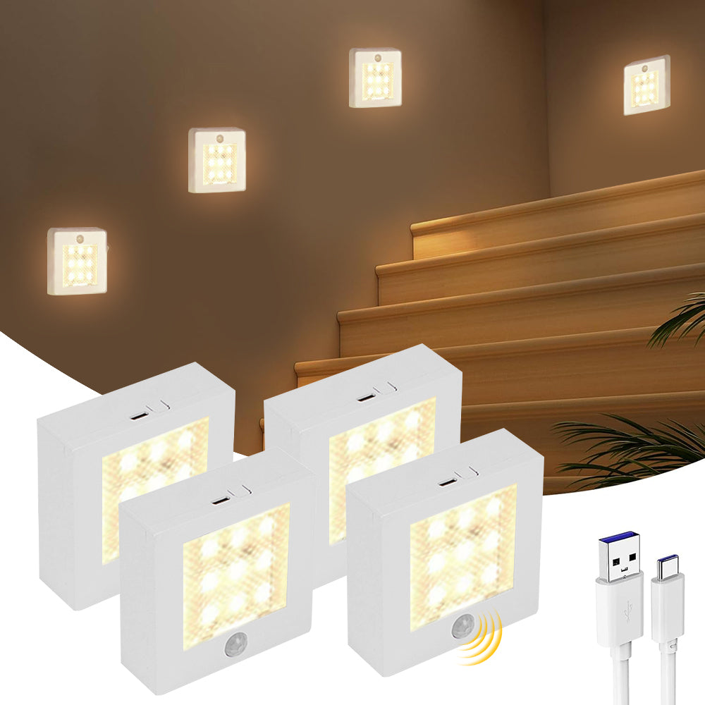 4 Pack Motion Sensor Night Light, Warm White Rechargeable Stair Lights Indoor, Battery Operated Night Light for Hallway, Stairway, Bathroom, Bedroom, Kitchen