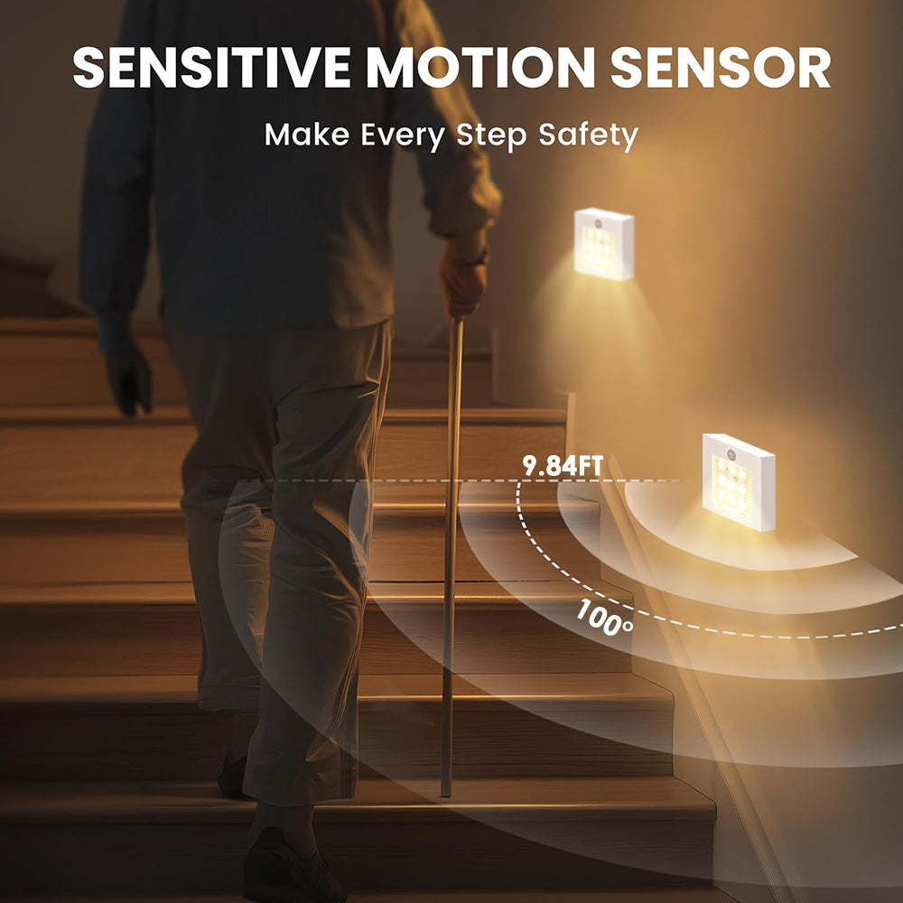 4 Pack Motion Sensor Night Light, Warm White Rechargeable Stair Lights Indoor, Battery Operated Night Light for Hallway, Stairway, Bathroom, Bedroom, Kitchen