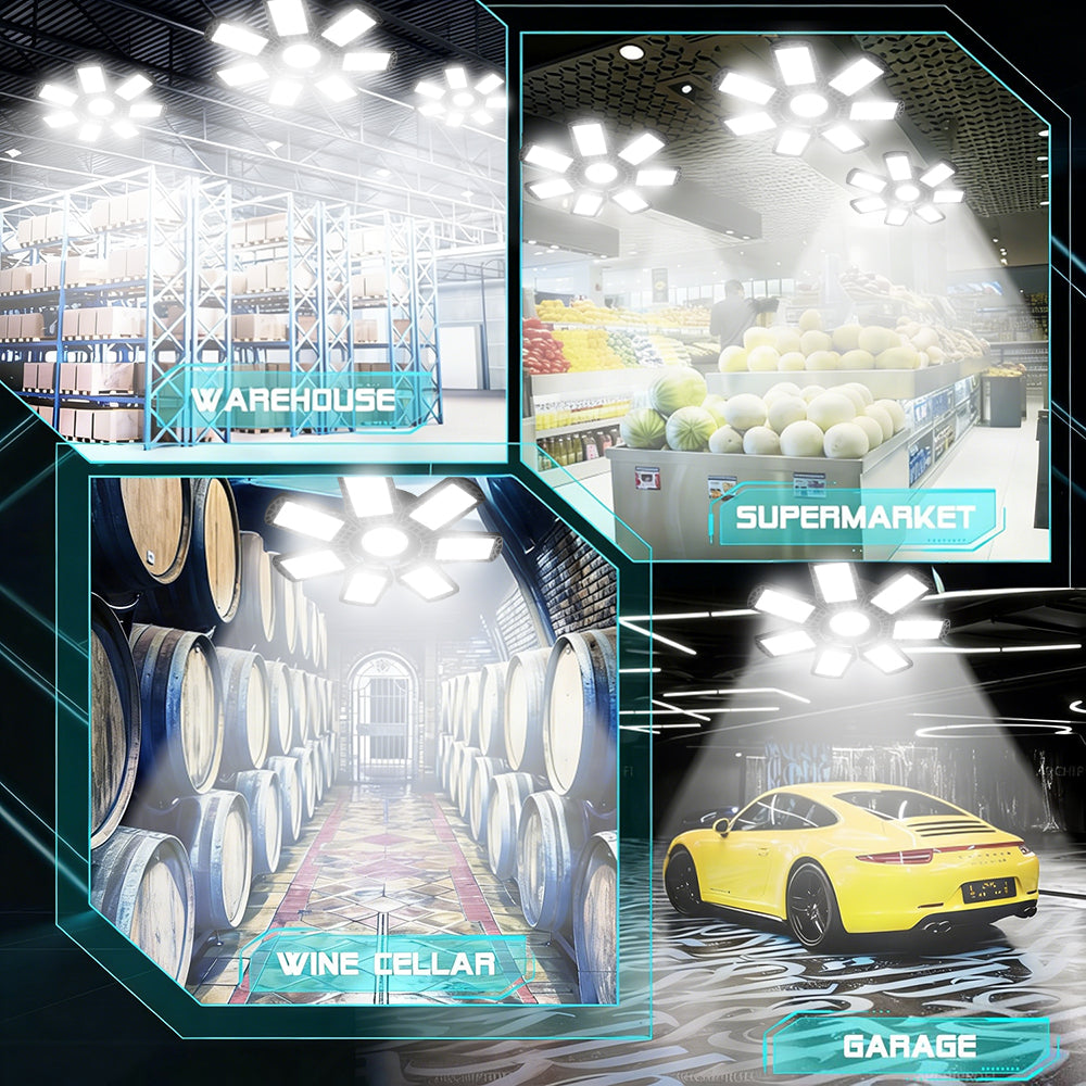 Garage Lights, 2 Pack Super Bright 38000LM LED Garage Ceiling Light, 300W LED Shop Lights with 7 Deformable Panel, Basement Barn Ceiling Lights for E26/E27